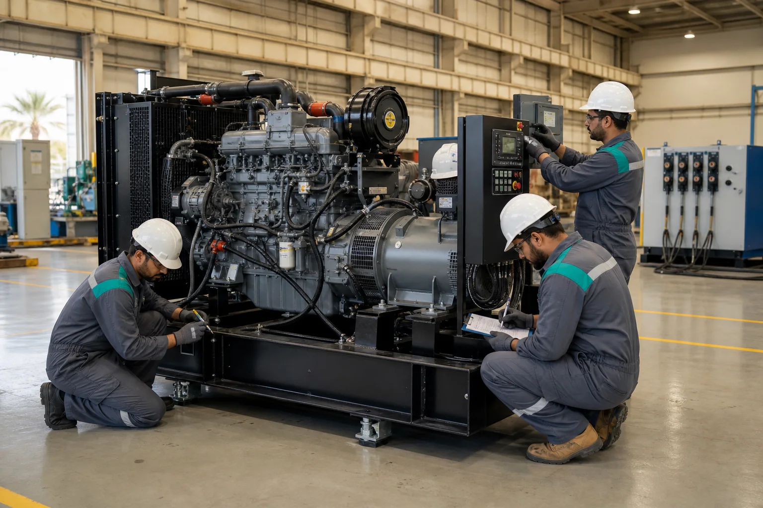 Technicians checking an open generator set and its control panel